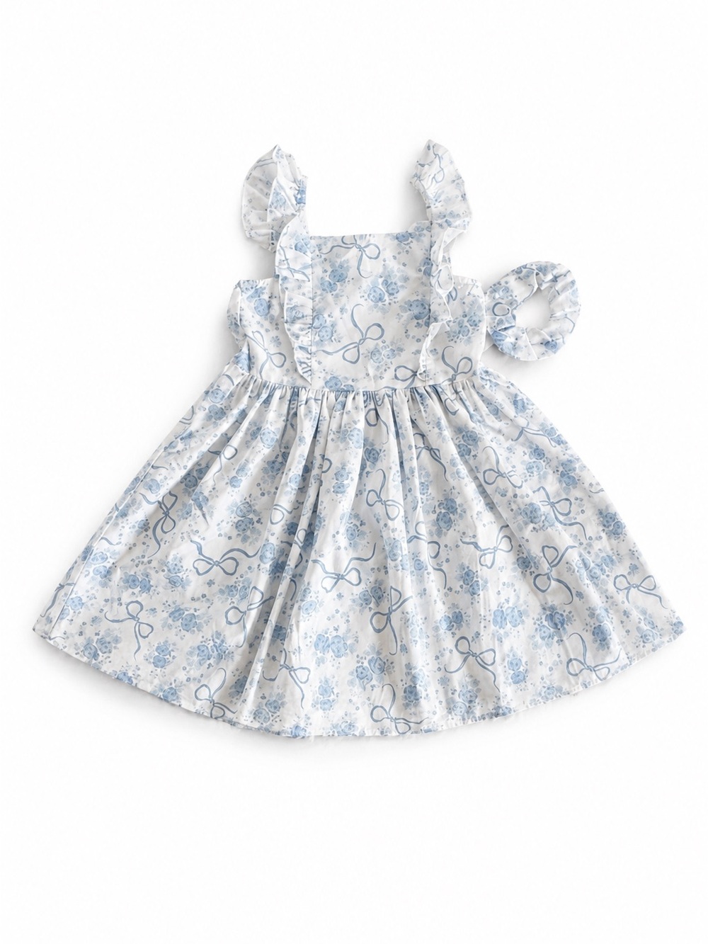 Max & Daisy Girls Blue Floral Bow Dress Size 6 NWOT + Matching Scrunchie